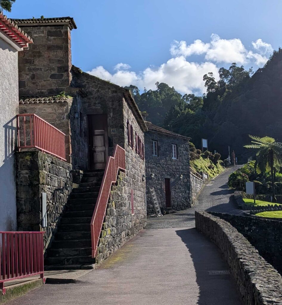 Steps leading up to a mill building in the Parque da Ribeira Dos Caldeirões valley.