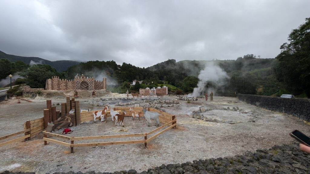 A nativity scene nearby a sulphur field.