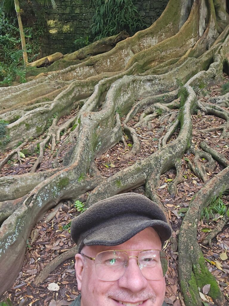 The author's spouse in front of an New Zealand Kauai tree.