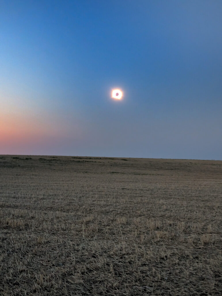 Eclipsed sun hanging in a dark sky over a farmer's field.